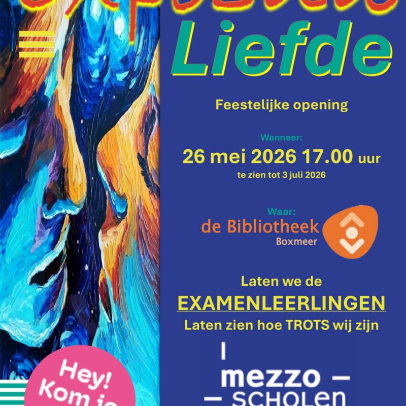 Posteraankondiging expositie kunst in de bibliotheek van Boxmeer